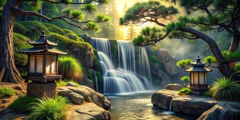 Wasserfall am Abhang mit Tannenzweig und Lichtern umgeben , foliage, shadows