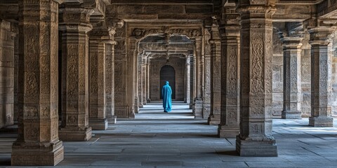Person in blue robe walks ancient temple corridor. Sunlight streams in, illuminating stone pillars.  Travel photography.