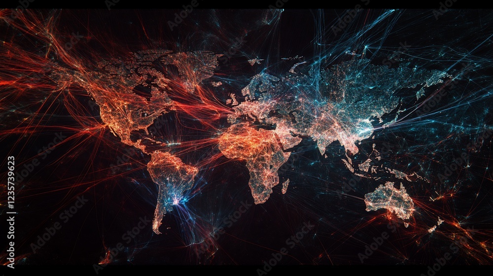 Poster global network connectivity map illustrating interconnected world with vibrant lines