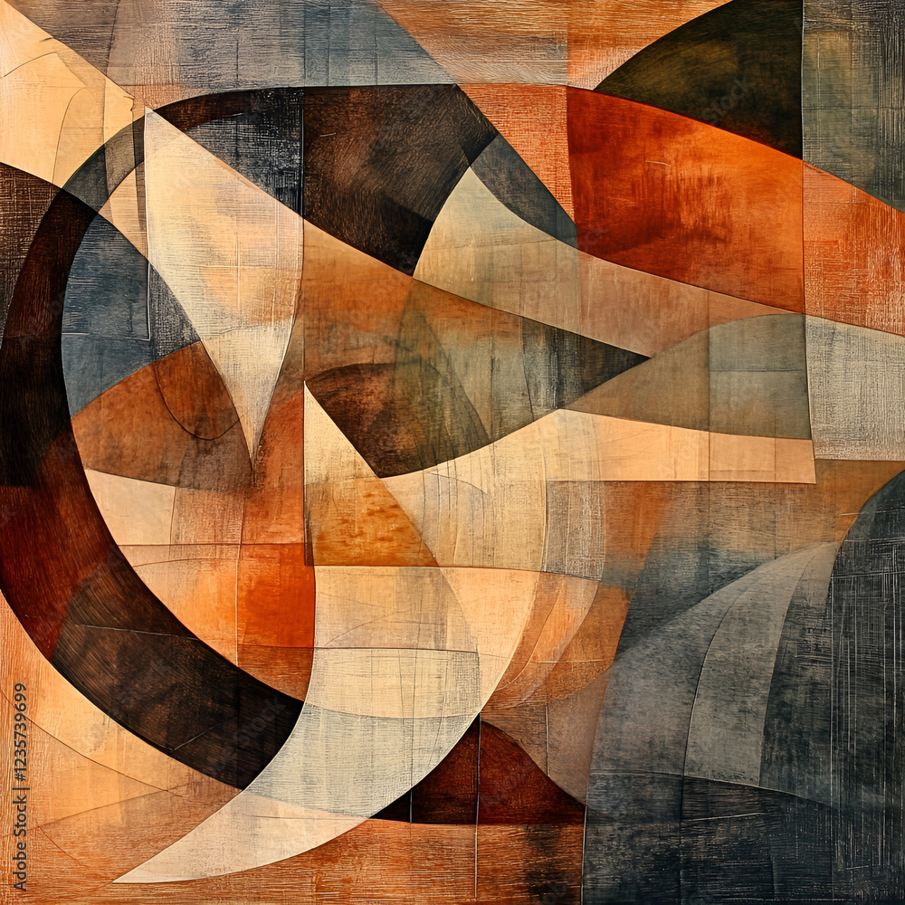Poster abstract geometric art: intricate arrangement of overlapping shapes with textures in a palette of ea