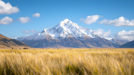 Fototapeta premium Majestic snow-capped mountain peak rises above a golden tussock grass field under a blue sky.