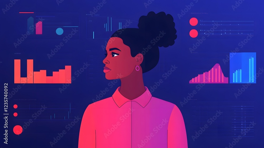 Aufkleber businesswoman mastering real-time data analytics with futuristic floating visualizations