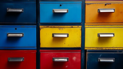 Metal filing cabinets in vibrant colors for office organization and retro aesthetic