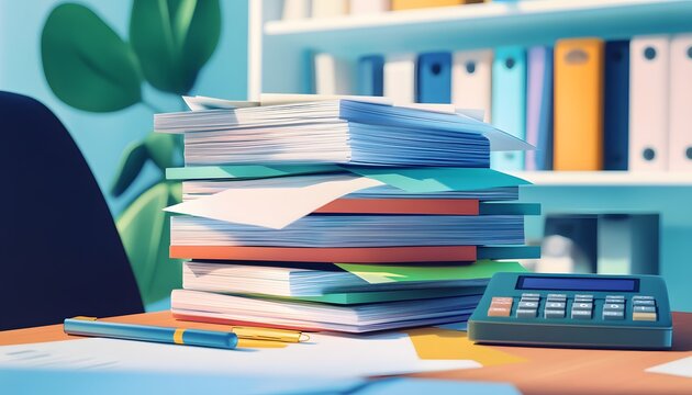 A large stack of office paperwork sits on a desk