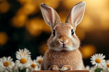 Obraz premium Adorable brown rabbit with large ears surrounded by daisies in a sunny meadow
