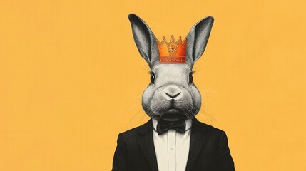 Regal Rabbit Wearing Crown and Tuxedo Against Bright Yellow Background