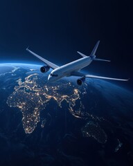 A vibrant aerial view of a plane flying over a beautifully illuminated Earth, highlighting the continents and city lights at night.