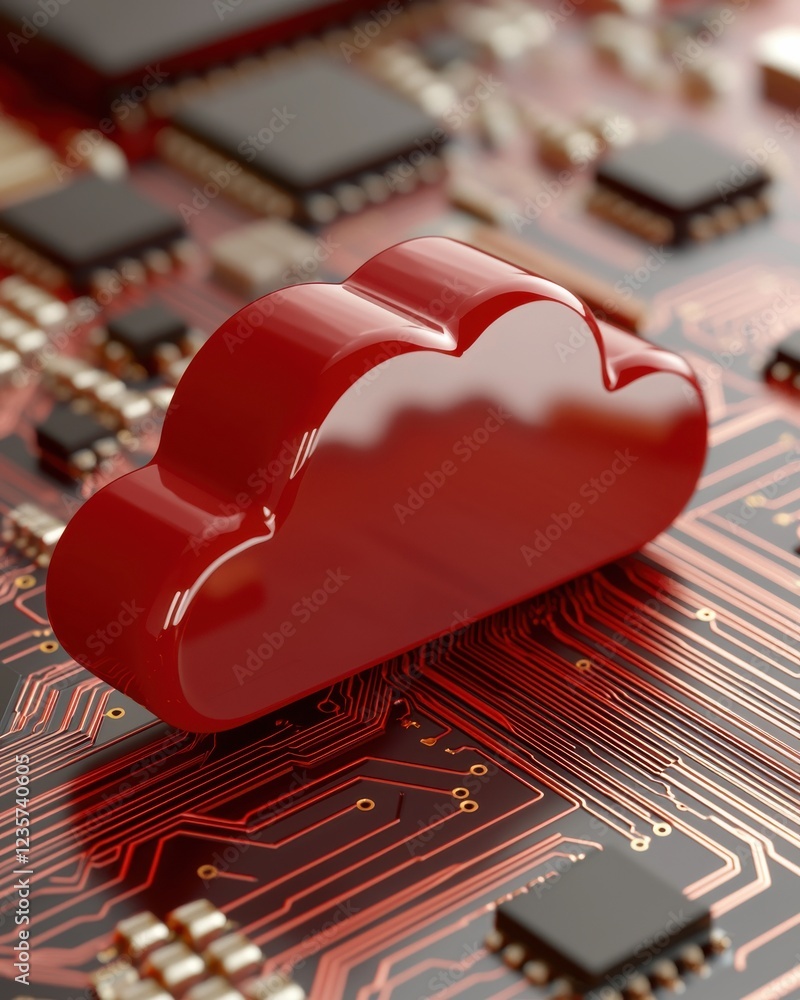 Poster a red cloud icon sits on a circuit board, symbolizing cloud technology and digital connectivity in a