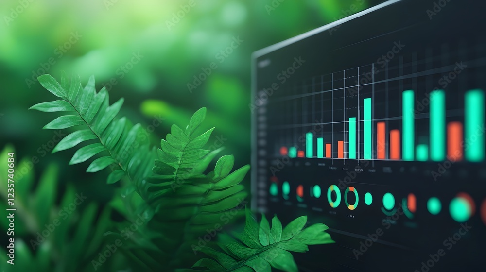 Poster digital dashboard visualizing environmental sustainability metrics in 3d