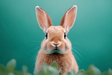 Obraz premium Cute rabbit with bright eyes against a soft green background in natural setting