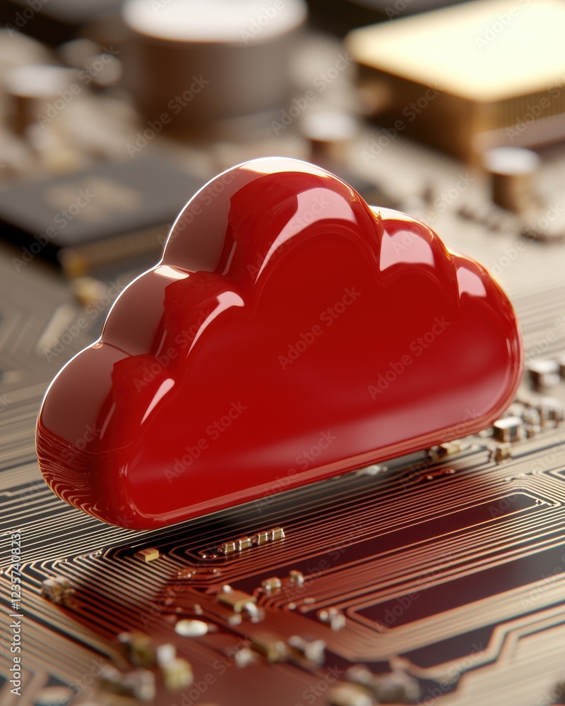 Poster a glossy red cloud icon sits atop a circuit board, symbolizing cloud computing and technology integr