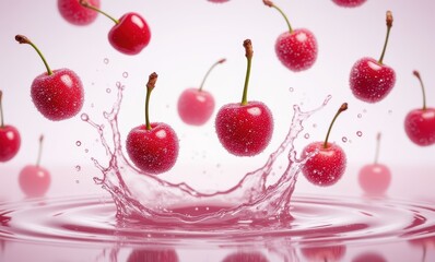 Fresh cherries splashing in water