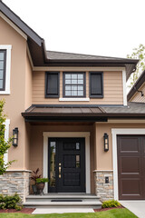 Fototapeta premium Modern House Exterior: Contemporary Home Design with Brown and Beige Facade, Stone Accents, and Luxurious Entrance