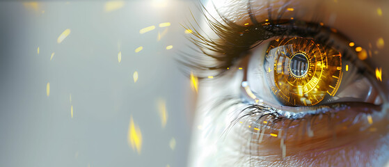 Futuristic human eye with glowing golden cybernetic interface and sparks