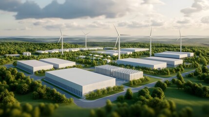 Fototapeta premium Sustainable Industrial Park with Integrated Wind Turbines and Eco-Friendly Architecture