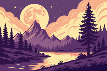 Fototapeta premium Fantasy landscape, majestic mountains, full moon, vibrant sky, colorful clouds, starry night, reflective lake, pine trees, mystical forest, glowing light, dreamlike scenery, purple and orange hues, se