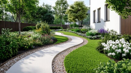 Serene Garden Pathway with Lush Greenery and Colorful Flower Beds in Daylight