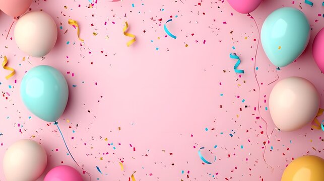 Colorful Birthday with Layered Balloons and Festive Streamers on Pastel Background