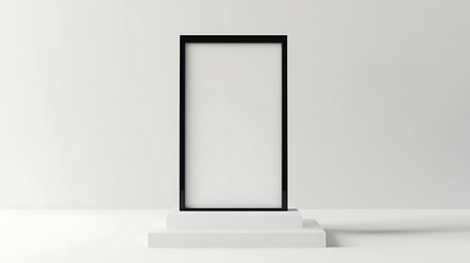 Minimalist vertical display stand with sleek black frame and empty interior