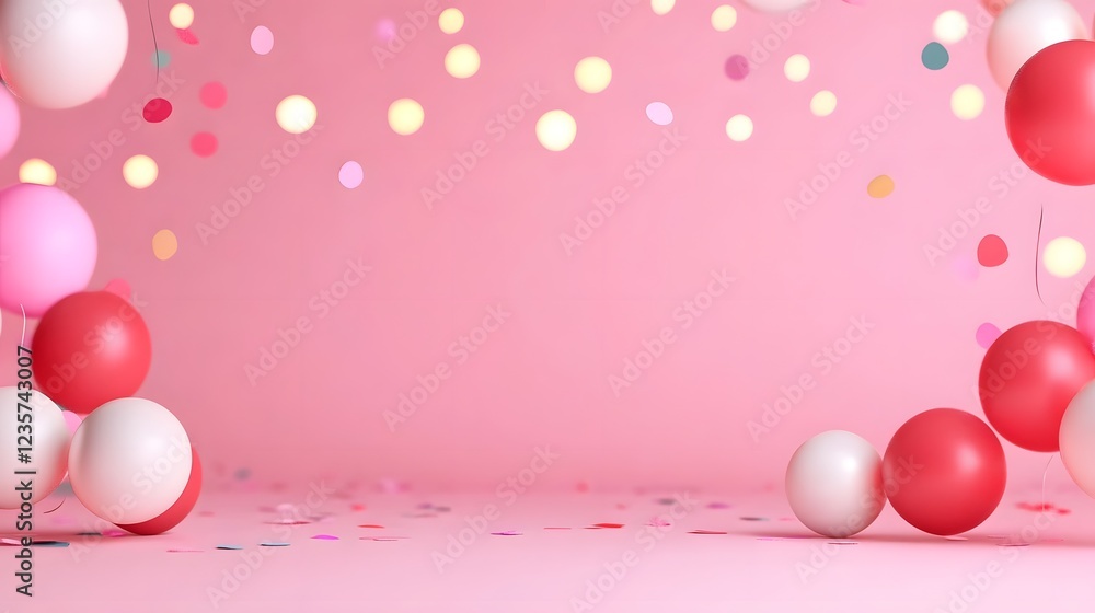 Poster floating confetti and glowing lights on smooth pink background with large copy space