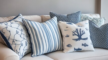 Coastal Blue and White Striped and Embroidered Throw Pillows on Beige Sofa