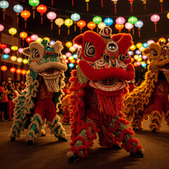 A group of dancers performing a traditional lion dance during the Chinese Lantern Festival, vibrant...