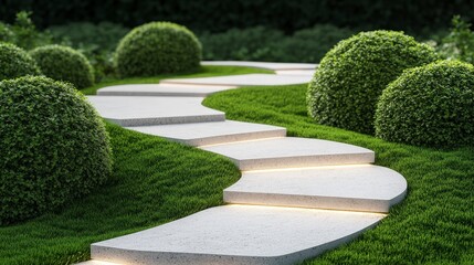 Serene Garden Pathway with Illuminated Steps and Lush Greenery Under Soft Light