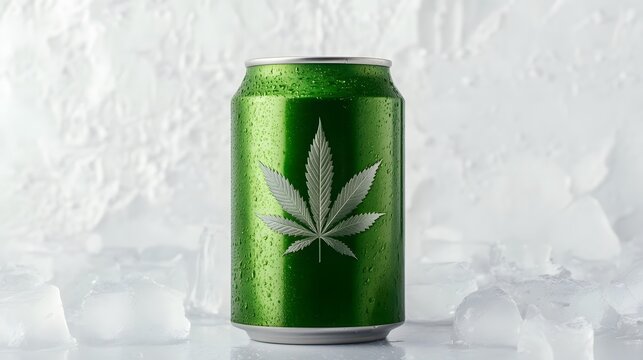 Cannabis-infused Soda Can Standing Upright with Refreshing Ice Cubes on White Background