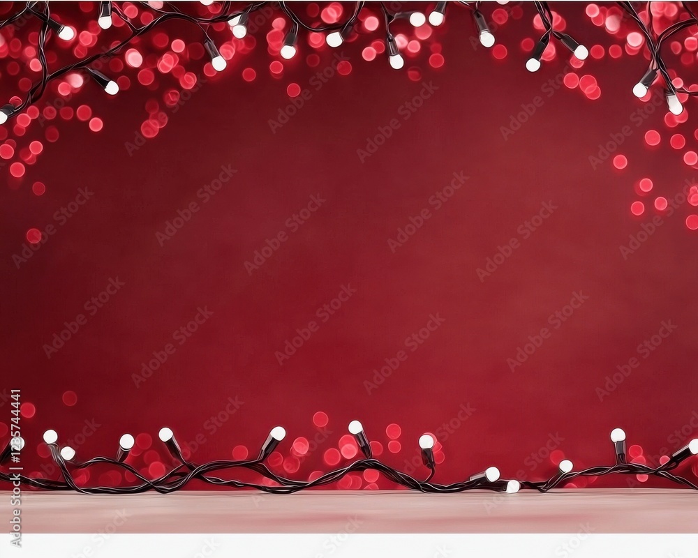 Poster festive background with red bokeh and string lights