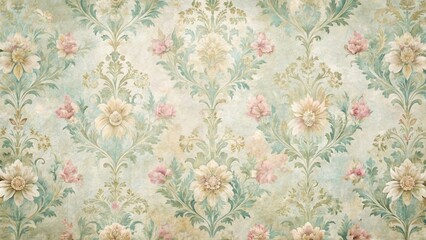 Distressed damask wallpaper with floral patterns and soft pastel hues, soft colors