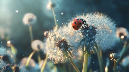 Nature Background with Ladybug on Dandelion in High-Resolution
