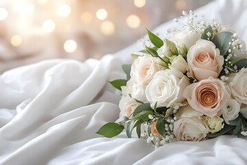 Obraz premium Elegant blush and white roses wedding bouquet on luxurious fabric. Romantic and delicate floral arrangement.