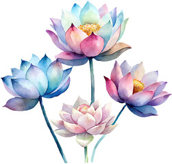 colorful lotus portrait flower leave watercolor painting illustration png no background