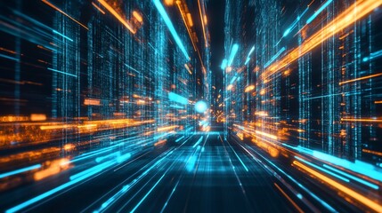 Futuristic digital data stream with dynamic lights and information flowing rapidly through a virtual space