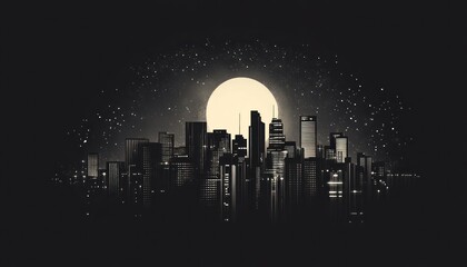 City Skyline at Night Under a Full Moon