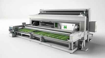 A large industrial machine designed for processing materials, featuring multiple rollers and controls.