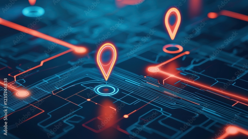 Poster digital map with location pins and circuit design elements