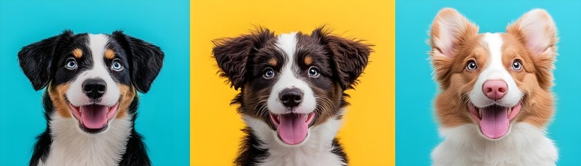 Fototapeta premium Three adorable puppies smile brightly against vibrant backgrounds. Pure joy!