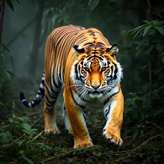 Naklejka premium A tiger walks in a forest against a dark and misty background. The tiger has orange fur with striking black stripes.