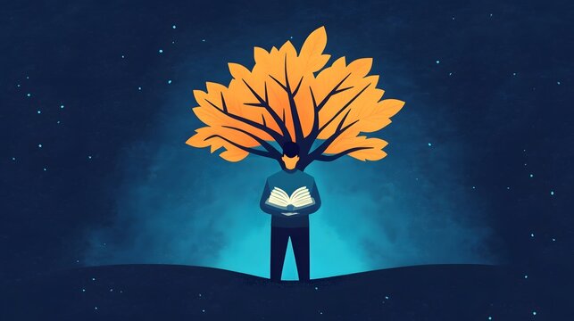 Leader Standing Under Glowing Tree of Business Knowledge and Management