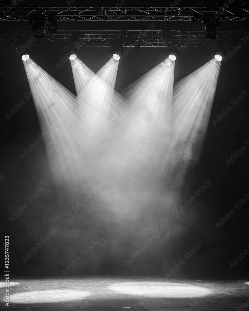 Poster a dimly lit stage featuring multiple spotlights piercing through a mist, creating a dramatic and atm