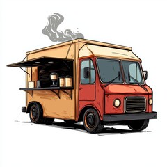 Colorful Food Truck with Open Serving Window and Visible Smoke Emitting, Ideal for Street Food Imagery