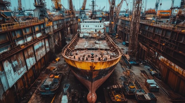 A large ship in a dry dock surrounded by industrial machinery and structures.