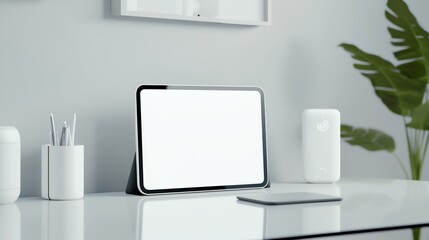 Minimalist workspace with tablet, smart speaker, and plant, highlighting modern technology and simplicity.