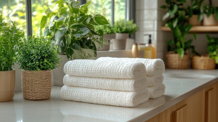 Clean white towels stacked neatly on a countertop with indoor plants surrounding them