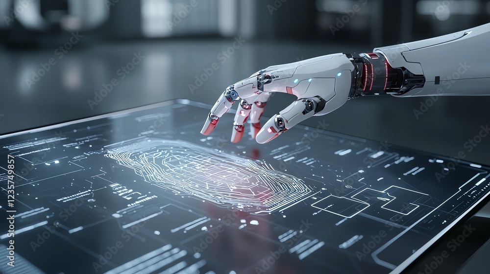 Poster robotic hand interacts with digital interface on futuristic screen in modern tech environment.