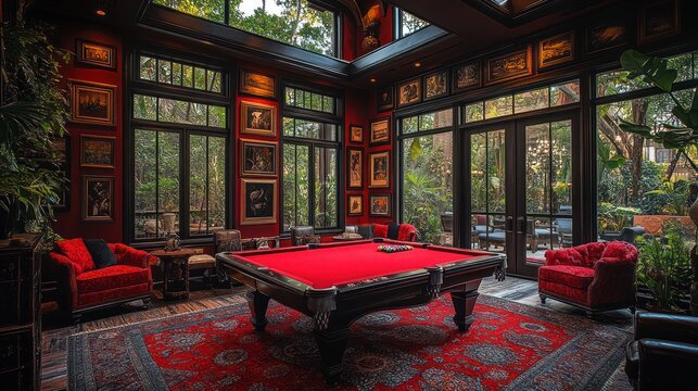 Luxurious red pool room, garden view, art-filled walls