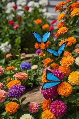 A butterfly garden filled with vibrant flowers and floating petals