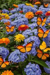 A butterfly garden filled with vibrant flowers and floating petals