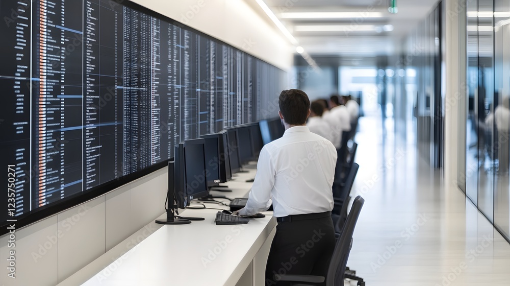 Poster auditing team scrutinizes regulatory data in high-tech office environment